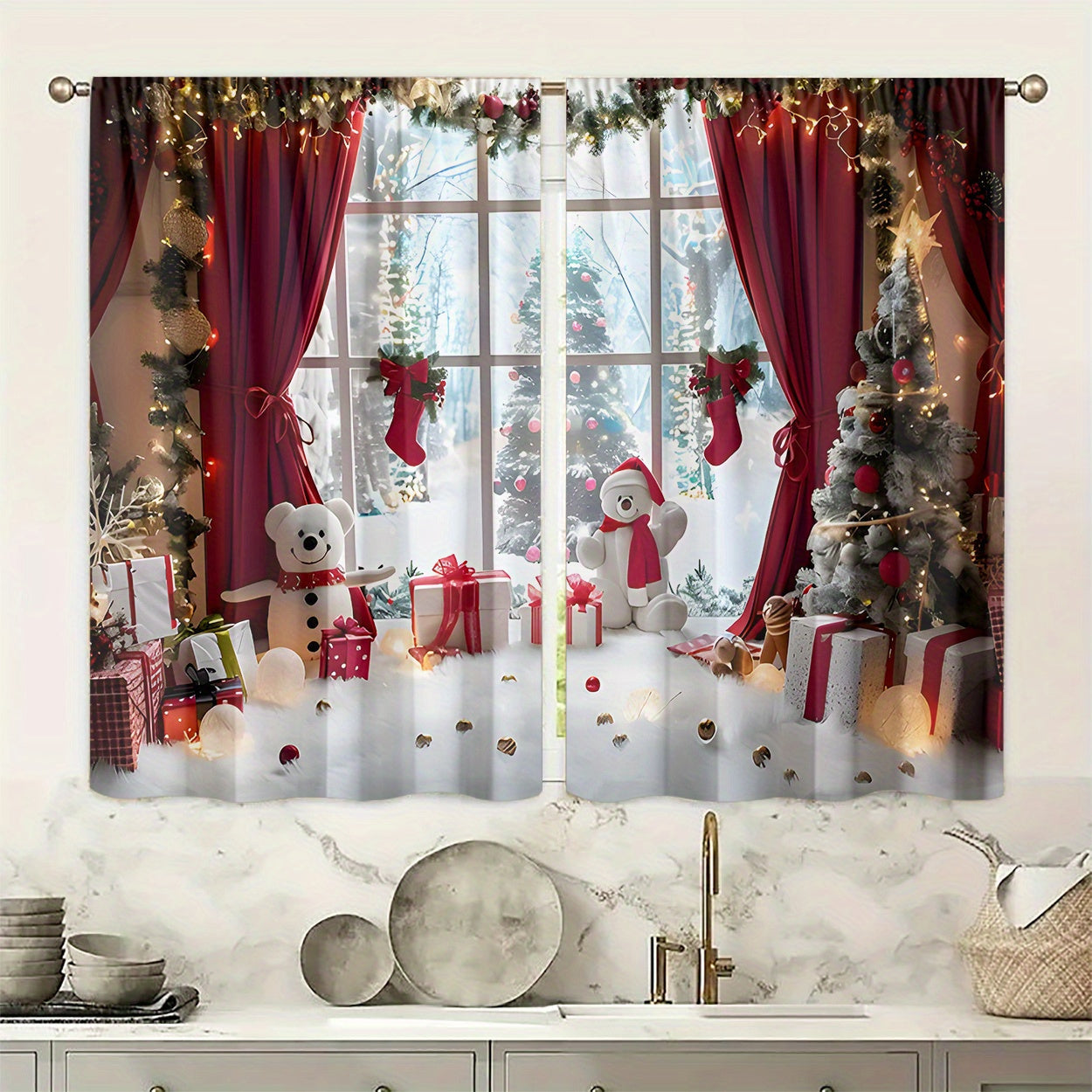Set of 2 Christmas Curtains Polyester Light Filtering Window Scenes Snowman Gifts
