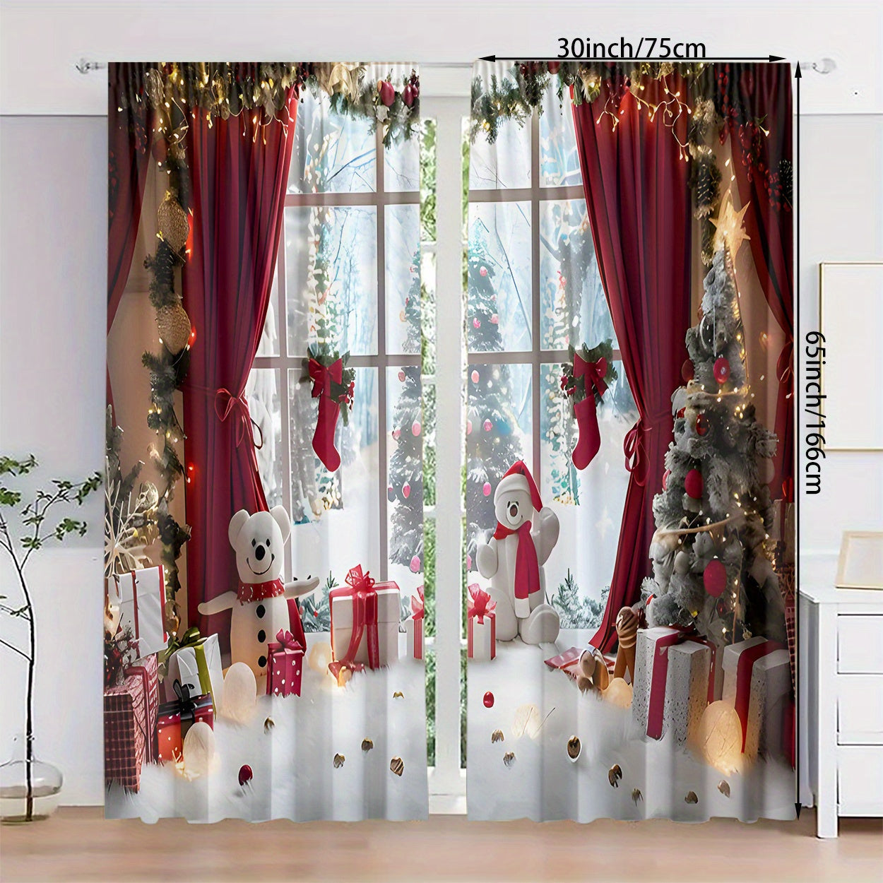 Set of 2 Christmas Curtains Polyester Light Filtering Window Scenes Snowman Gifts