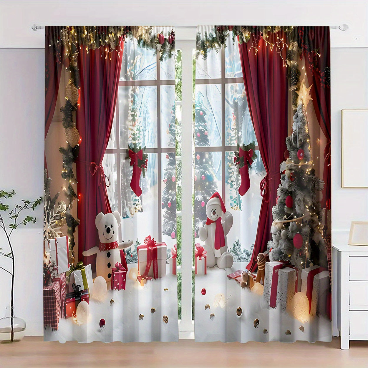 Set of 2 Christmas Curtains Polyester Light Filtering Window Scenes Snowman Gifts