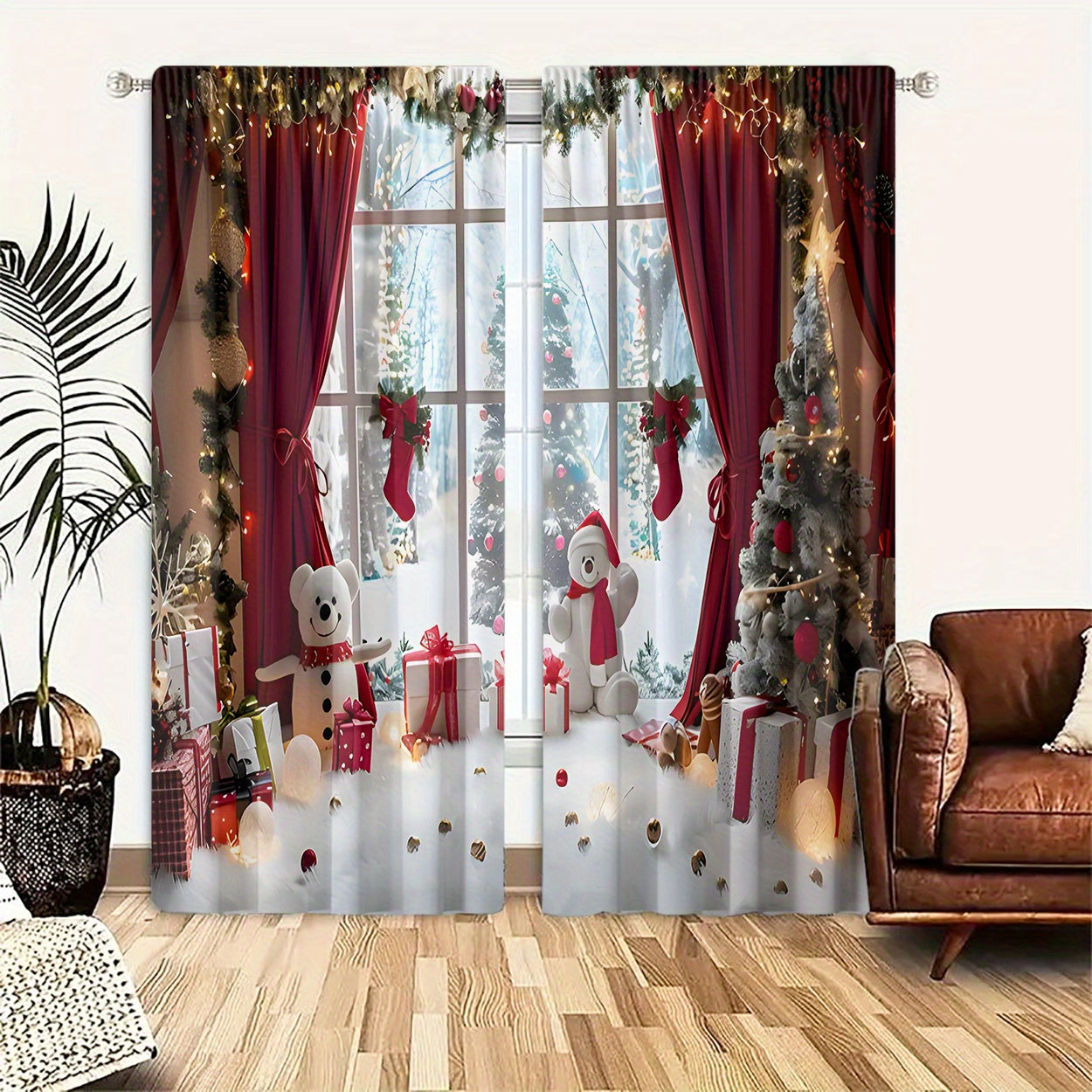 Set of 2 Christmas Curtains Polyester Light Filtering Window Scenes Snowman Gifts