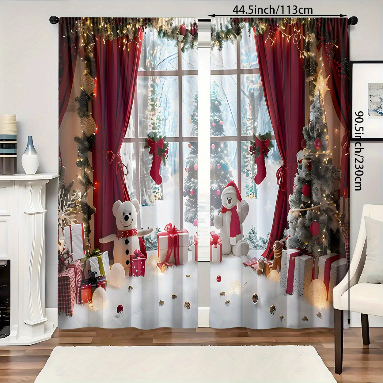 Set of 2 Christmas Curtains Polyester Light Filtering Window Scenes Snowman Gifts
