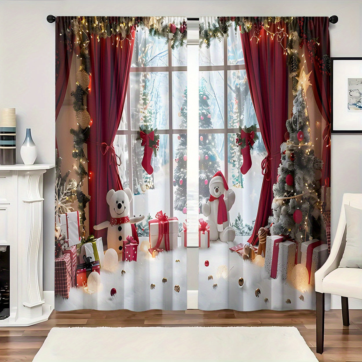 Set of 2 Christmas Curtains Polyester Light Filtering Window Scenes Snowman Gifts