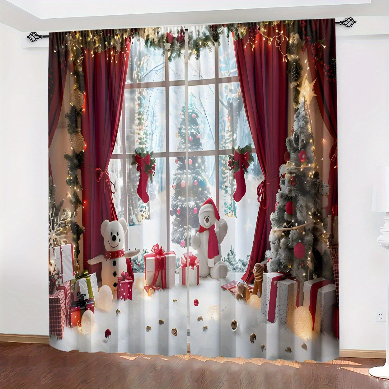 Set of 2 Christmas Curtains Polyester Light Filtering Window Scenes Snowman Gifts