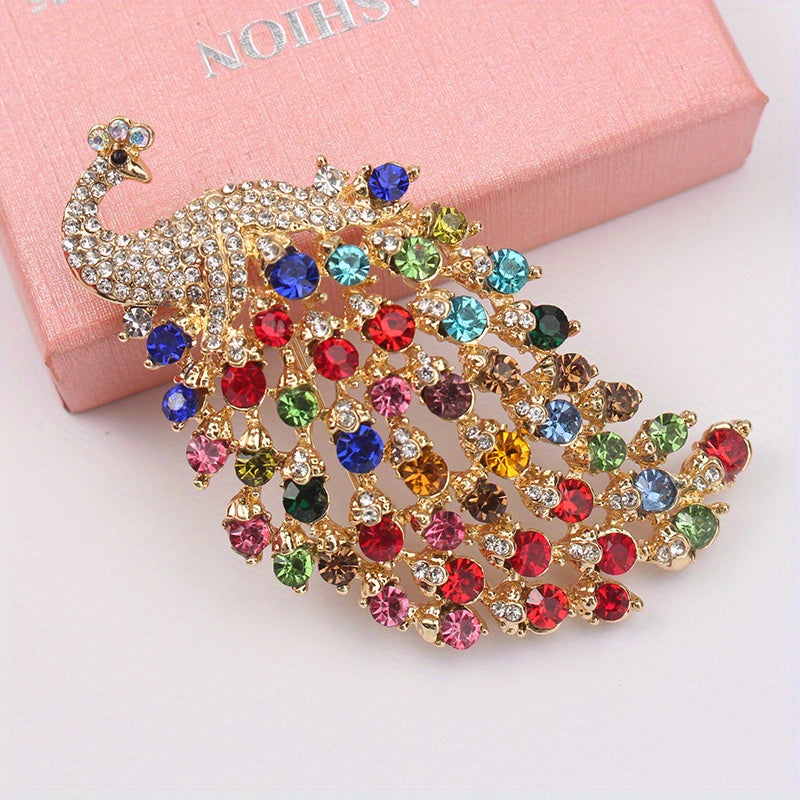 Women’s Vintage Peacock Brooch Pin with Multicolor Rhinestones and Irregular Shapes