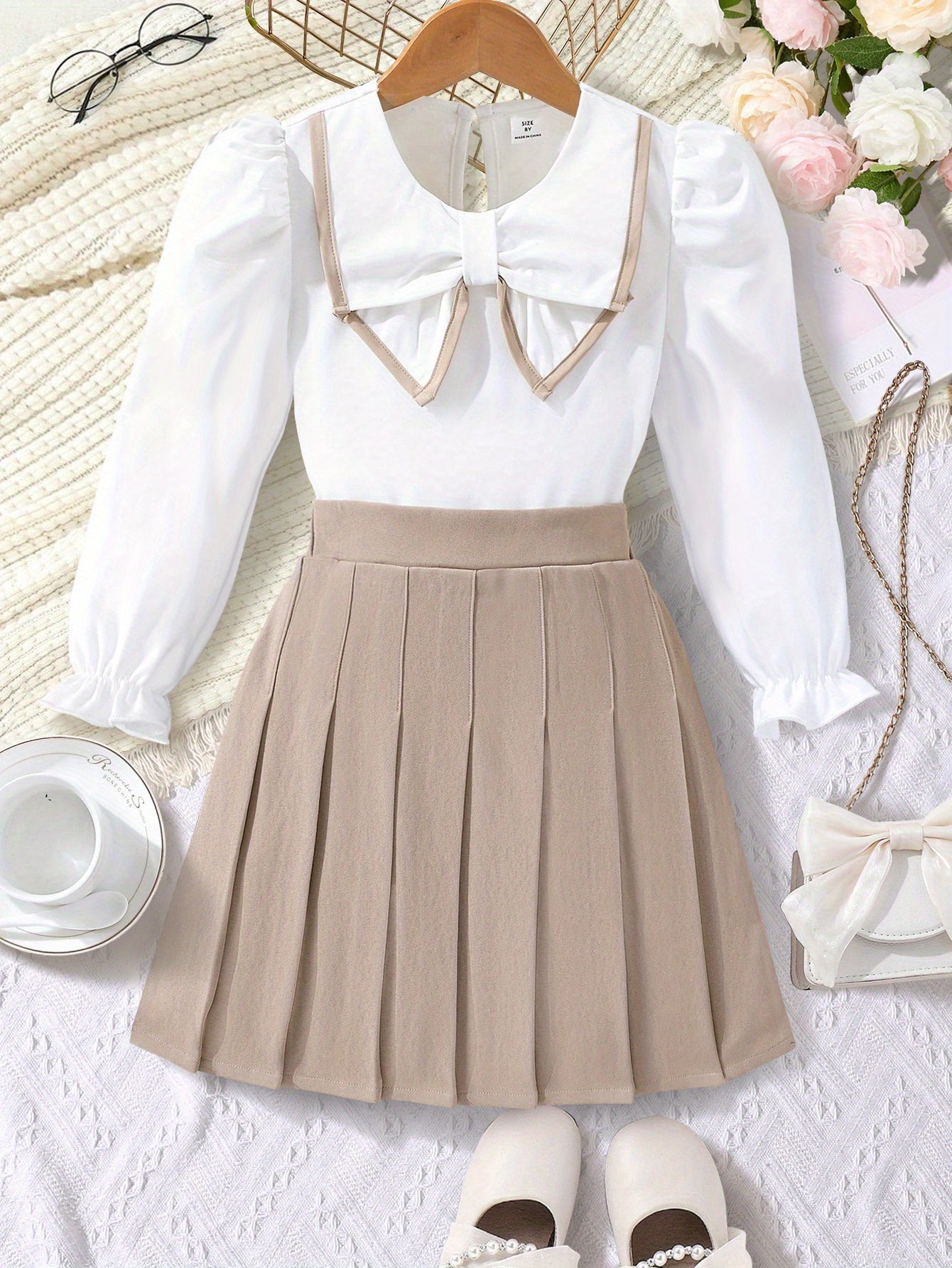 Девочкиная длинная рубашка с длинным рукавом и плиссированная юбка в комплекте для прогулок на свежем воздухе, весна и осень