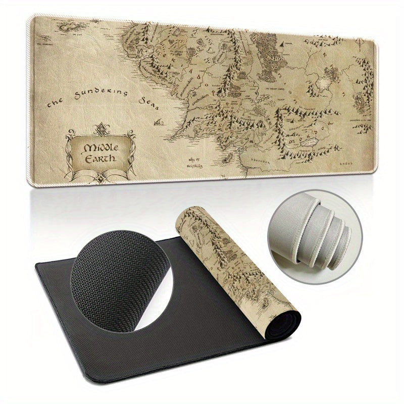 Durable Rubber Gaming Mouse Pad with Middle Earth Map Design Non-Slip Large Desk Mat for Gamers Office and Home