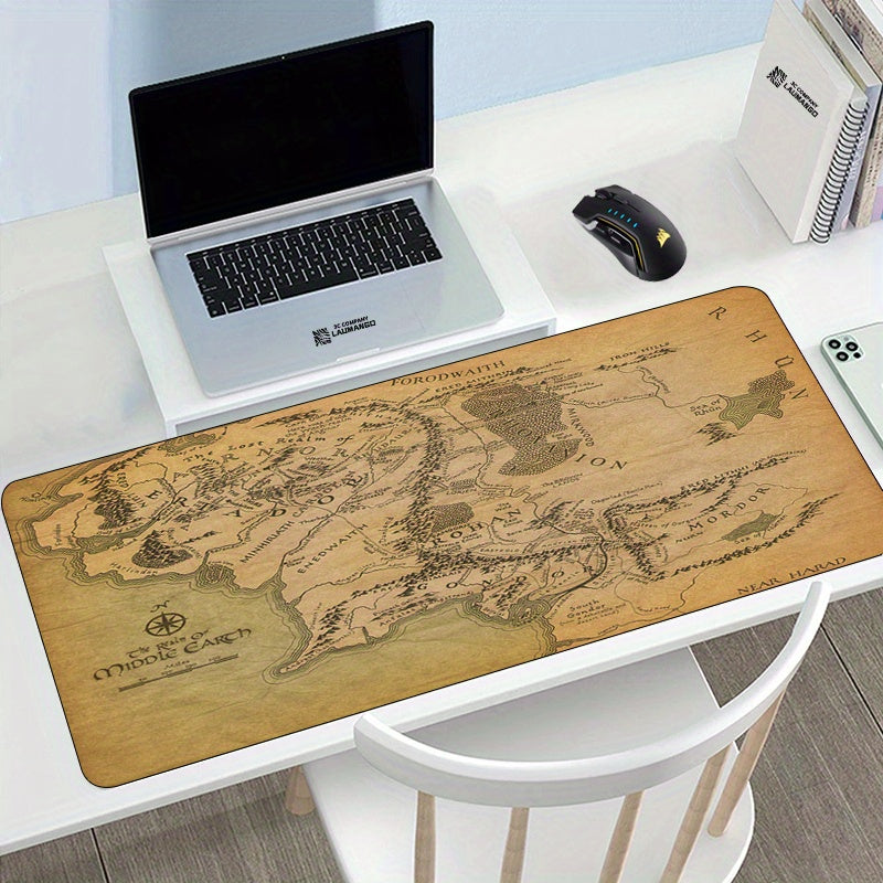 Durable Rubber Gaming Mouse Pad with Middle Earth Map Design Non-Slip Large Desk Mat for Gamers Office and Home