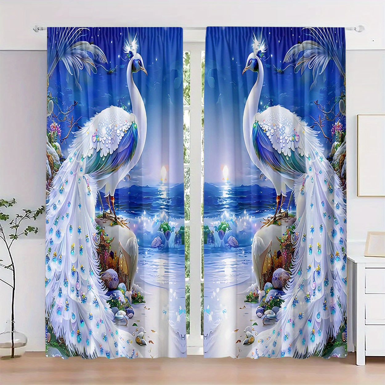 Peacock Print Curtains Set of 2 Light-Filtering Polyester Rod Pocket Blue and White Home Decor