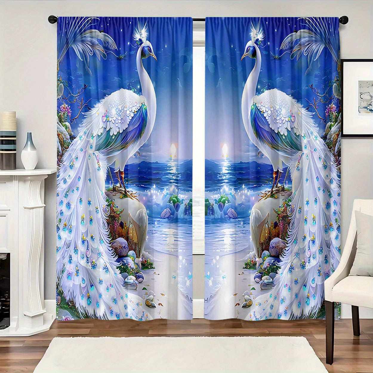 Peacock Print Curtains Set of 2 Light-Filtering Polyester Rod Pocket Blue and White Home Decor