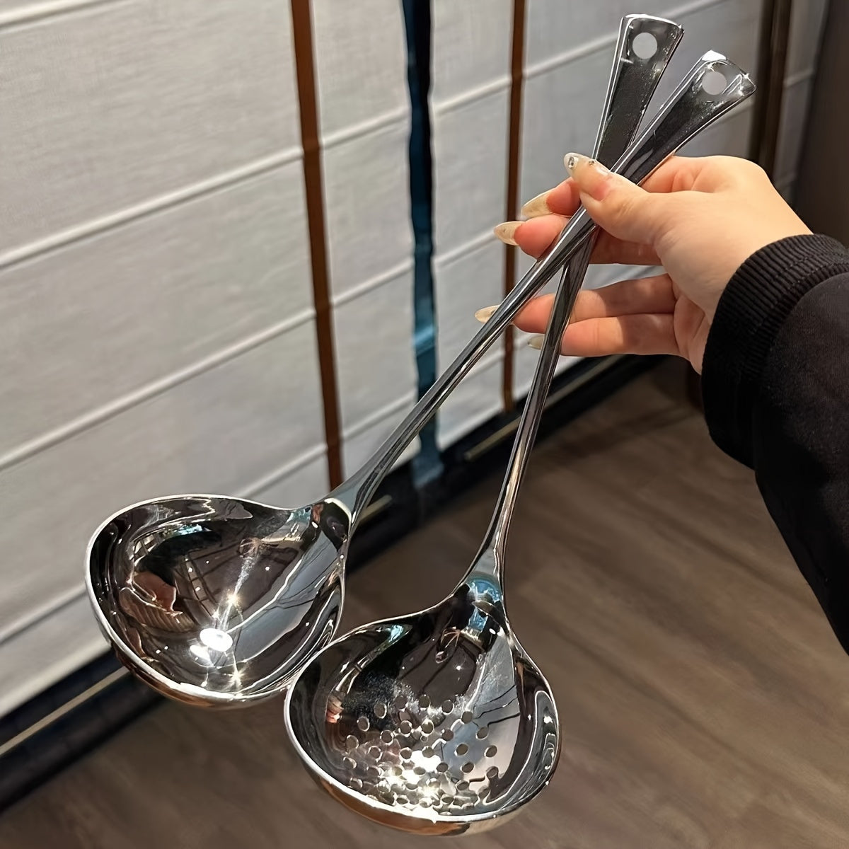 Set of 2 Stainless Steel Soup Ladles with Strainers, Long Handles, Durable Kitchen Tools