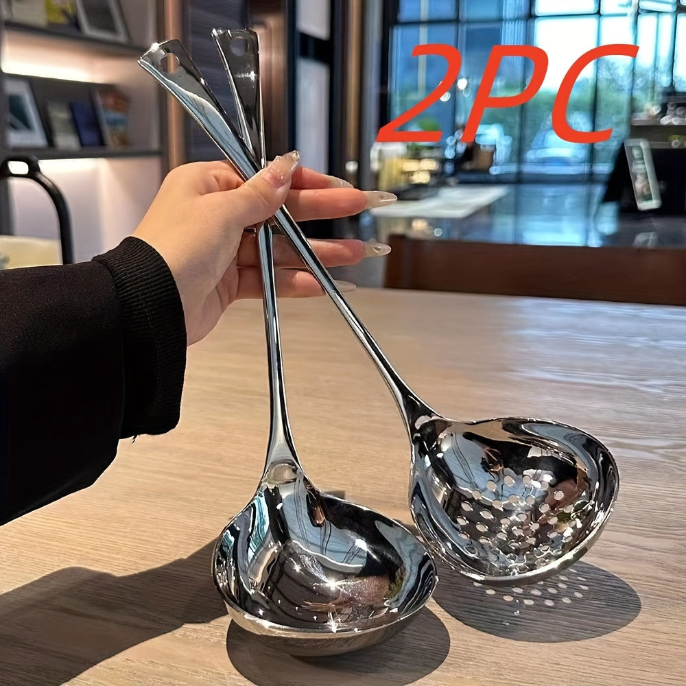 Set of 2 Stainless Steel Soup Ladles with Strainers, Long Handles, Durable Kitchen Tools
