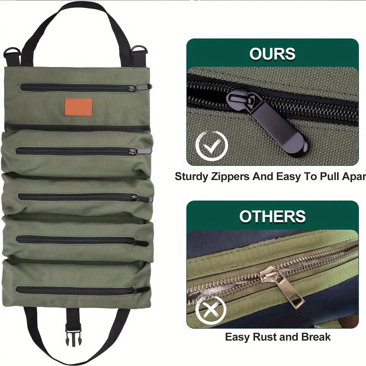 Multi-Purpose Roll-Up Tool Organizer with 5 Zippered Pockets for Tools and Storage