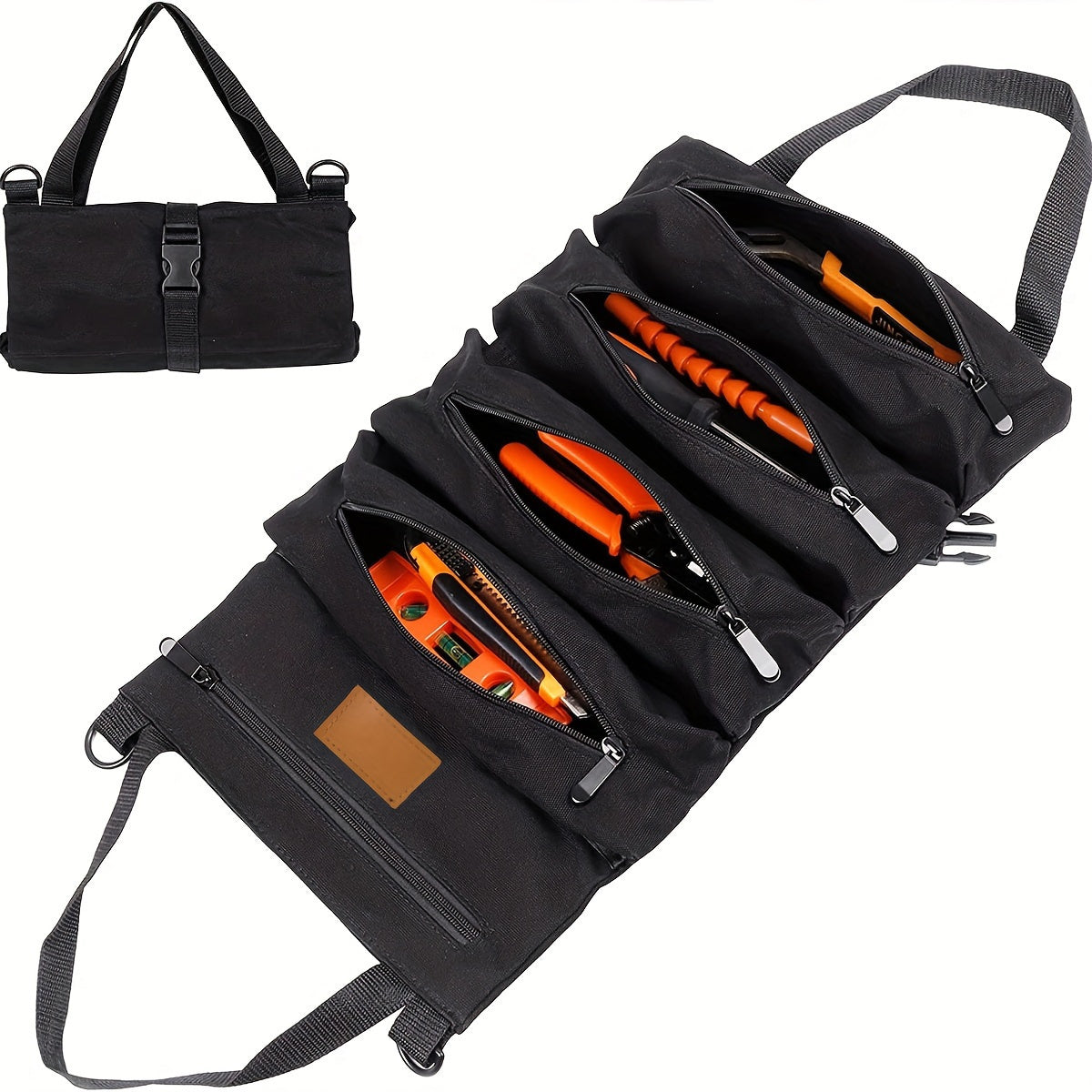 Multi-Purpose Roll-Up Tool Organizer with 5 Zippered Pockets for Tools and Storage