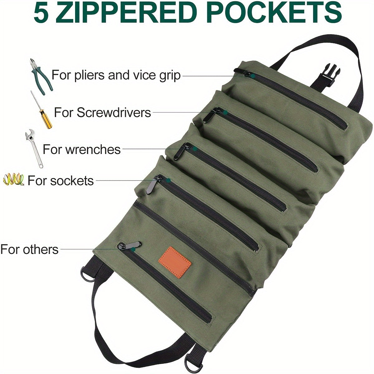Multi-Purpose Roll-Up Tool Organizer with 5 Zippered Pockets for Tools and Storage