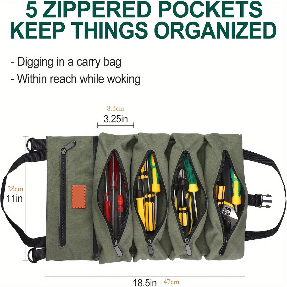 Multi-Purpose Roll-Up Tool Organizer with 5 Zippered Pockets for Tools and Storage