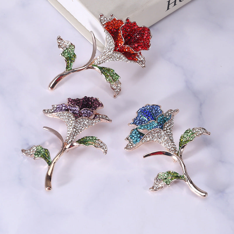 Rhinestone Rose Brooch Pin Floral Jewelry Accessory for Women Gift