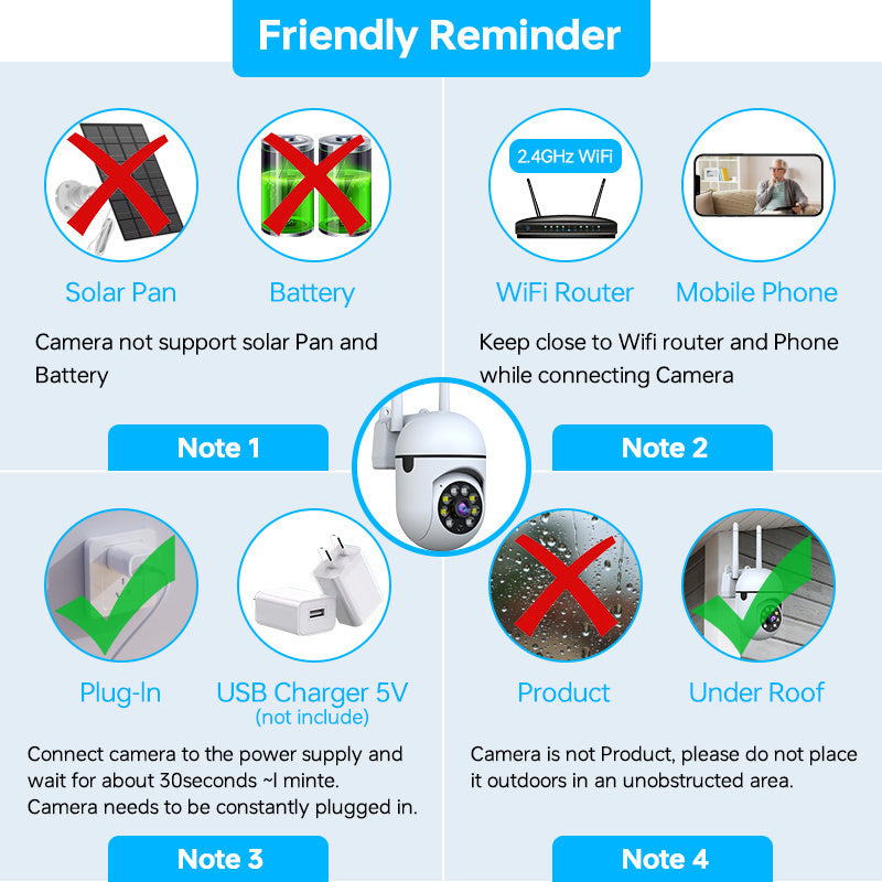 Cámara de seguridad inalámbrica HD 3MP para interior y exterior, detección de movimiento, audio bidireccional, alimentación por USB