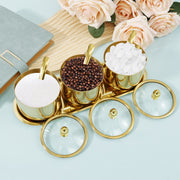 Condiment Jar Set with Glass Lids and Spoons, 3-Compartment Spice Storage