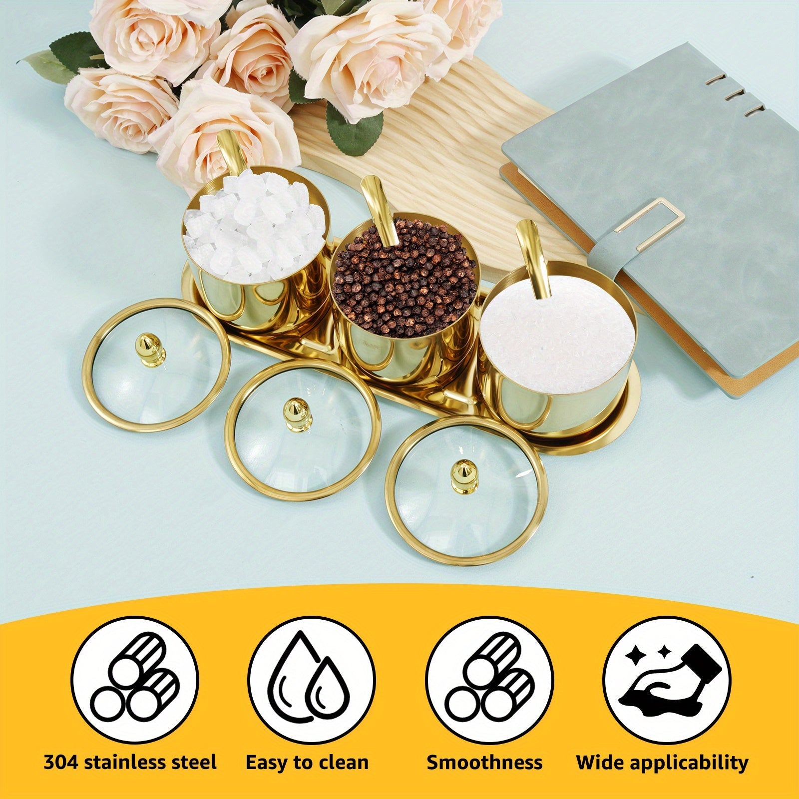 Condiment Jar Set with Glass Lids and Spoons, 3-Compartment Spice Storage