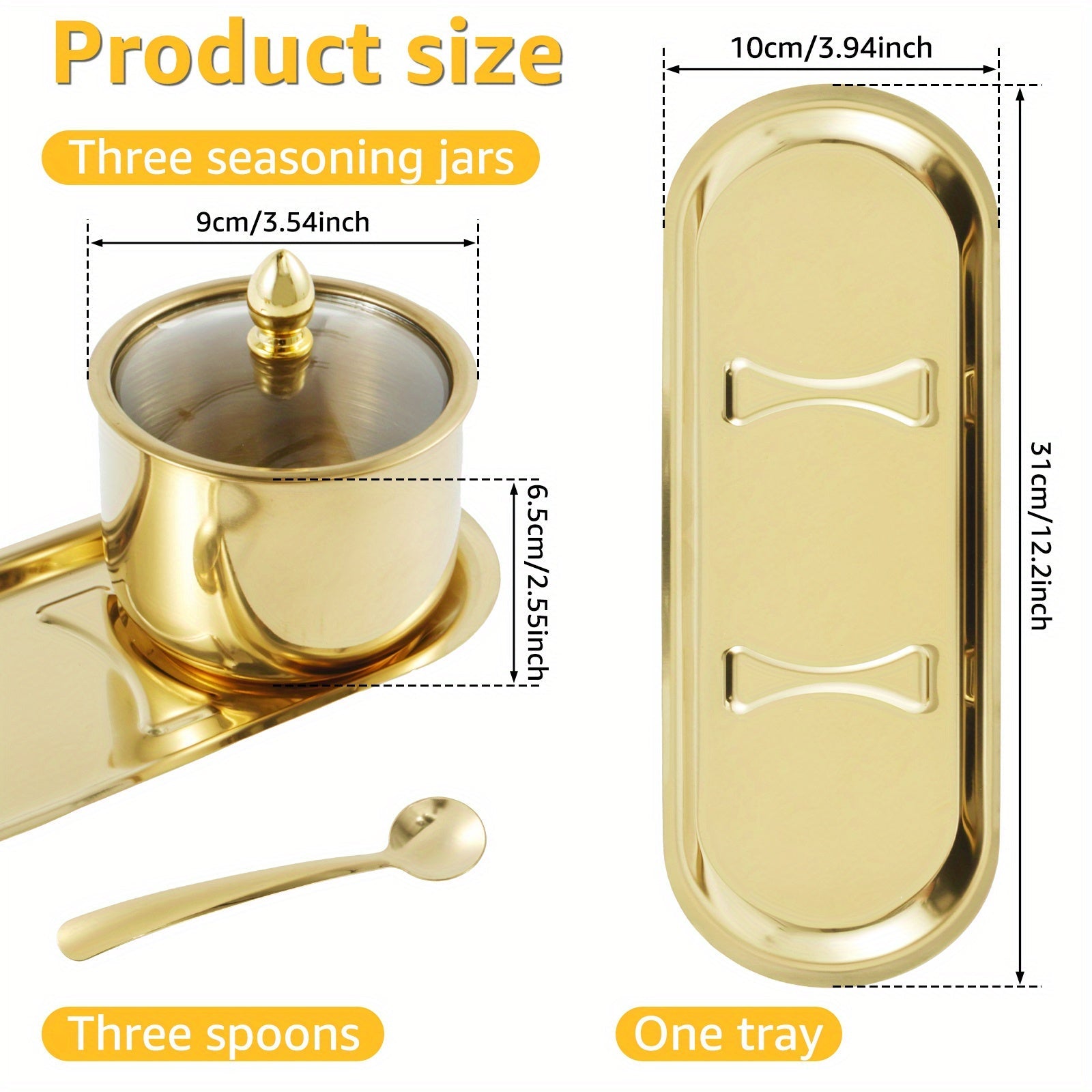 Condiment Jar Set with Glass Lids and Spoons, 3-Compartment Spice Storage