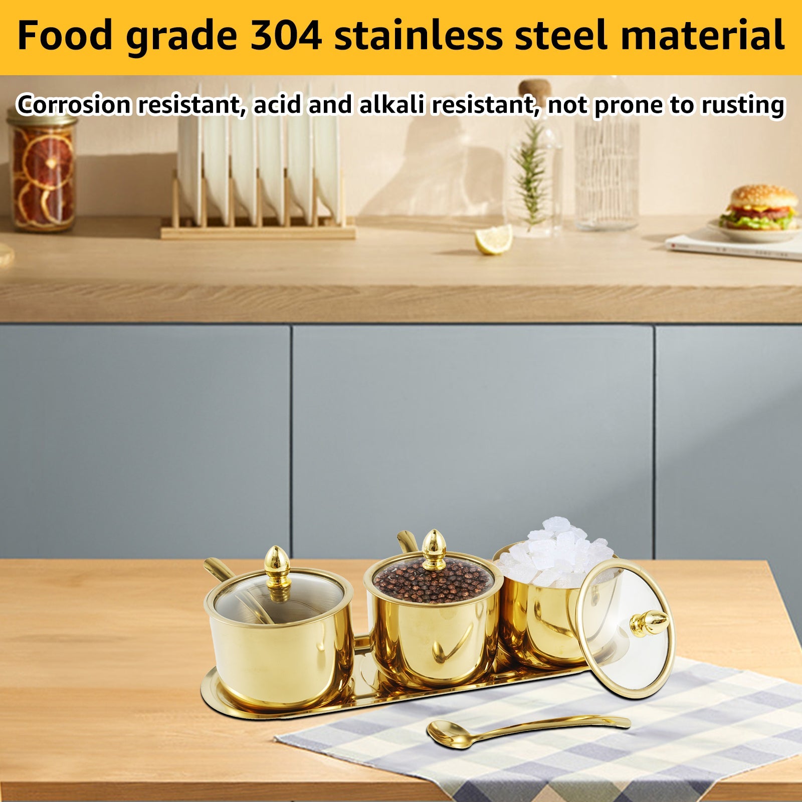 Condiment Jar Set with Glass Lids and Spoons, 3-Compartment Spice Storage