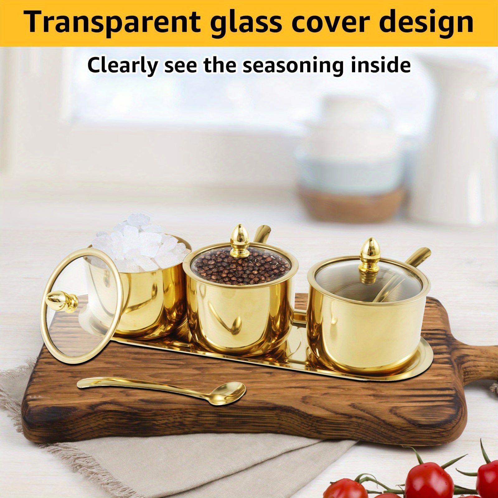 Condiment Jar Set with Glass Lids and Spoons, 3-Compartment Spice Storage