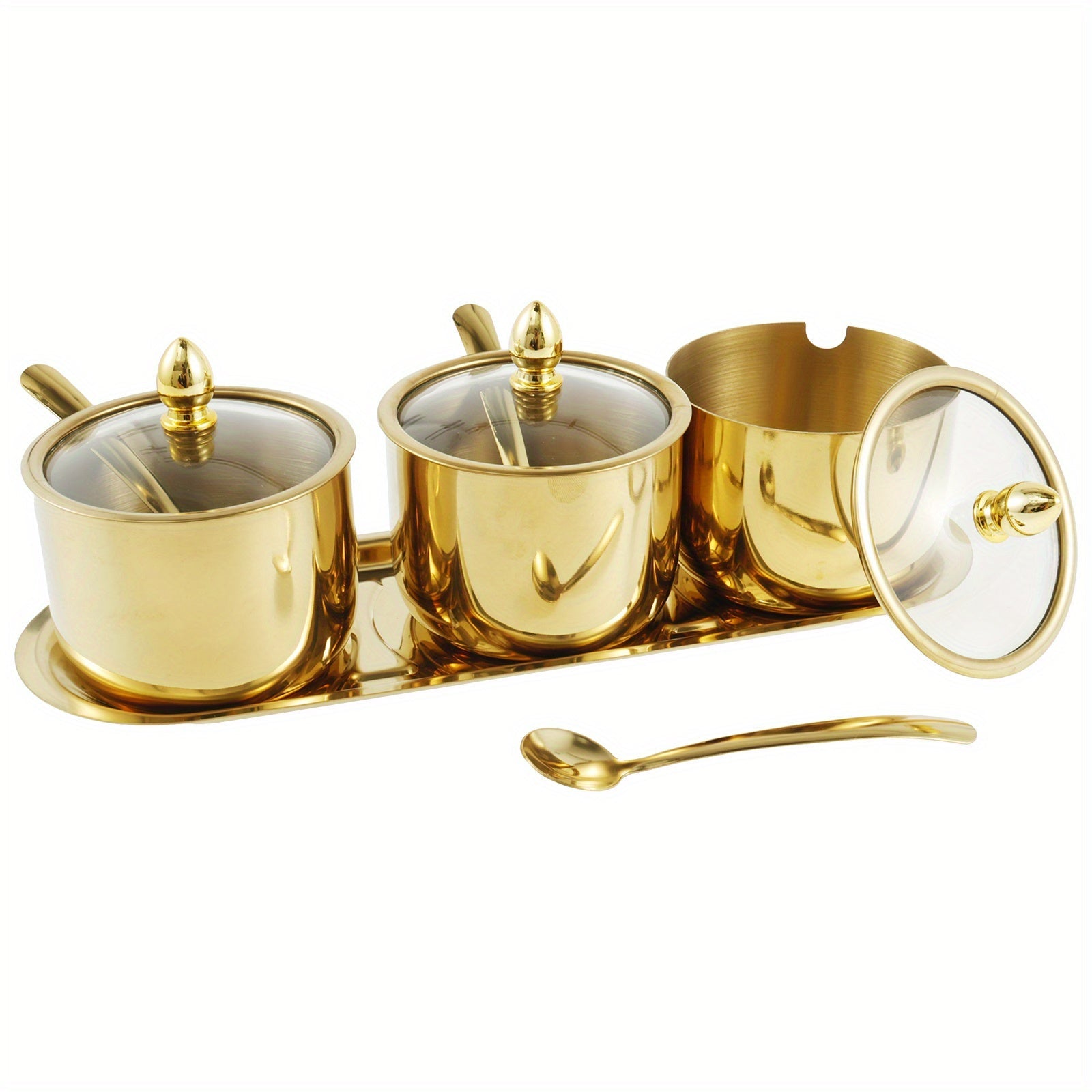 Condiment Jar Set with Glass Lids and Spoons, 3-Compartment Spice Storage