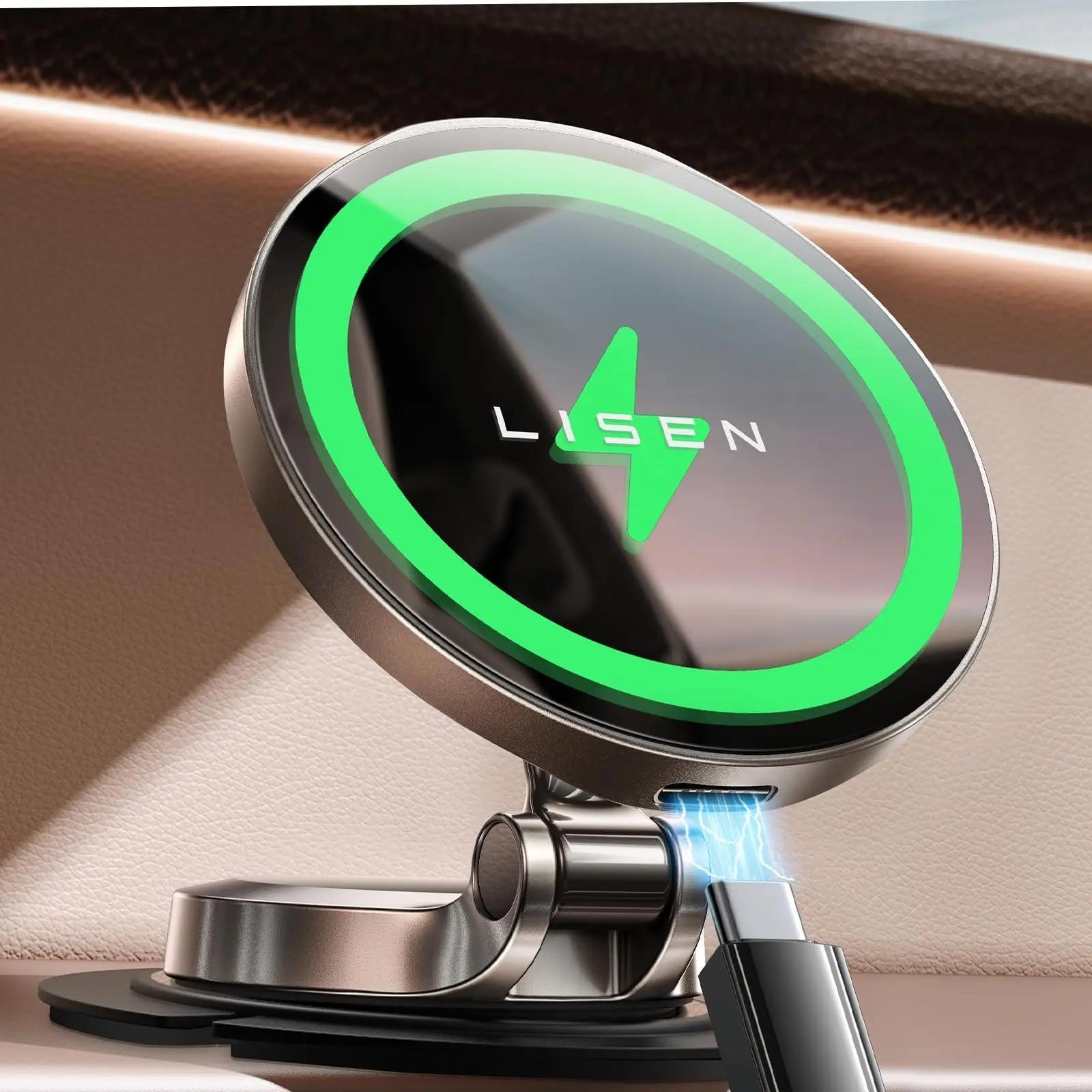 Magnetic Car Mount Charger 15W Fast Wireless Charging for iPhone 12-15 Pro Max Zinc Alloy Dashboard Holder