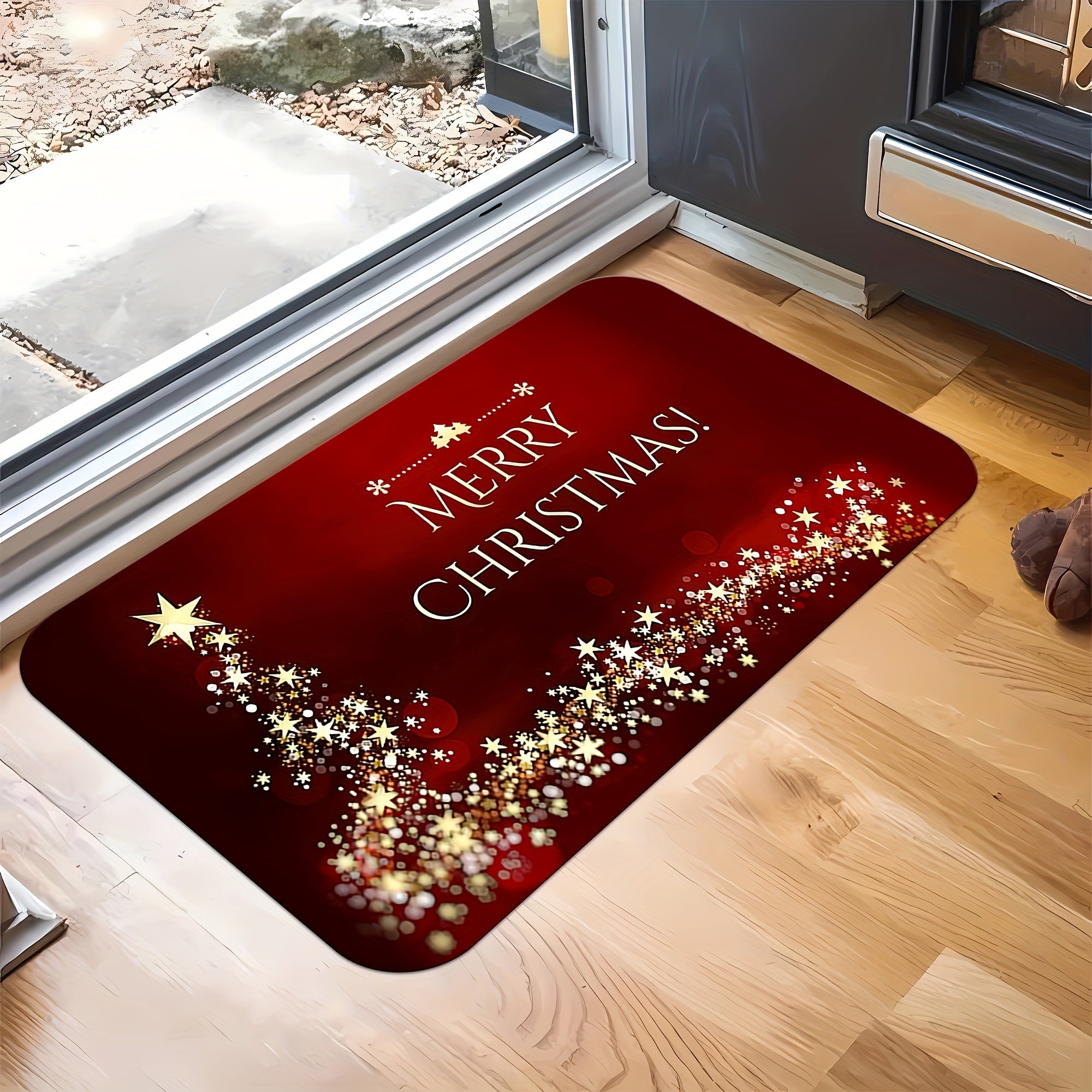 Christmas Welcome Doormat Sparkling Stars Pattern Anti-Slip Stain-Resistant Polyester