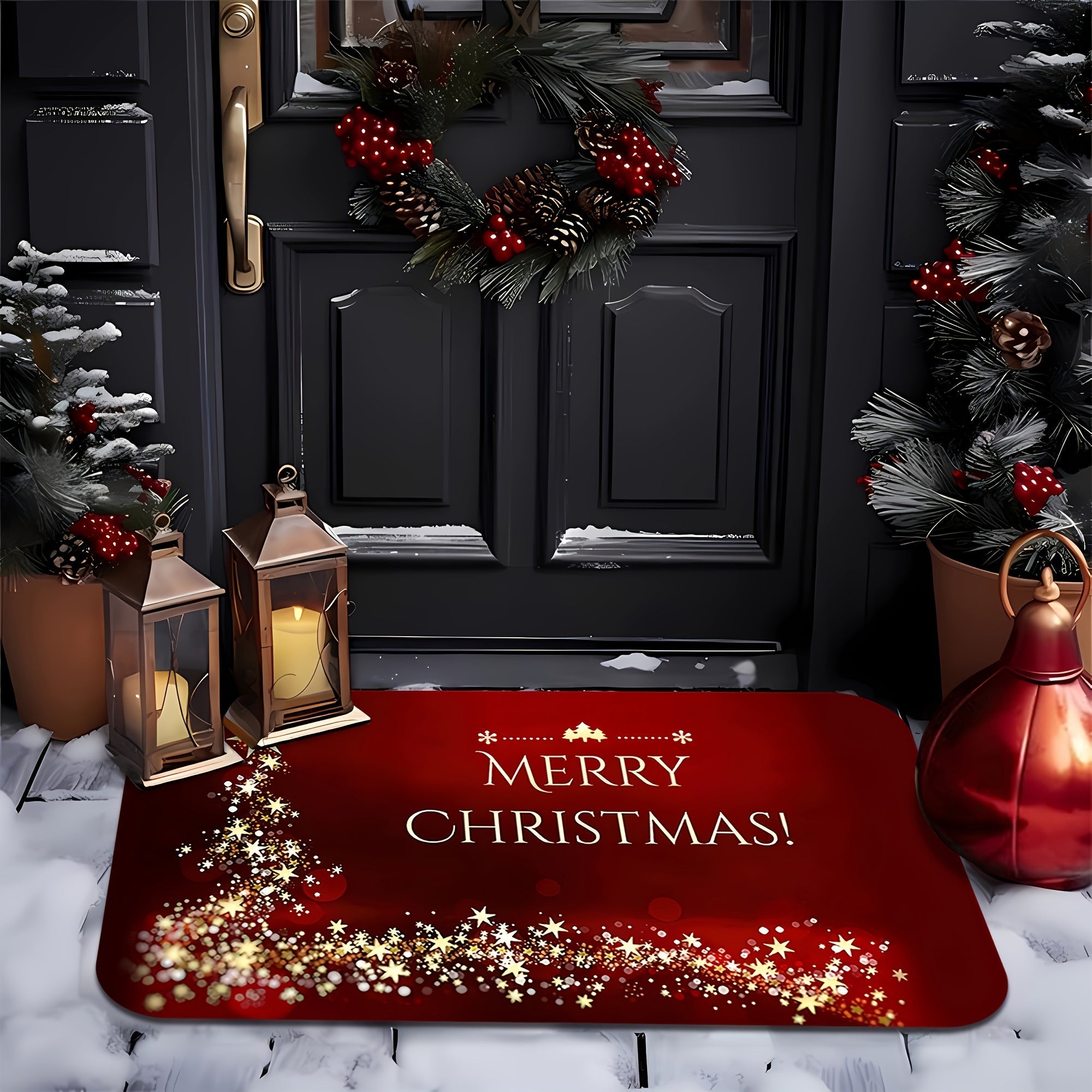 Christmas Welcome Doormat Sparkling Stars Pattern Anti-Slip Stain-Resistant Polyester