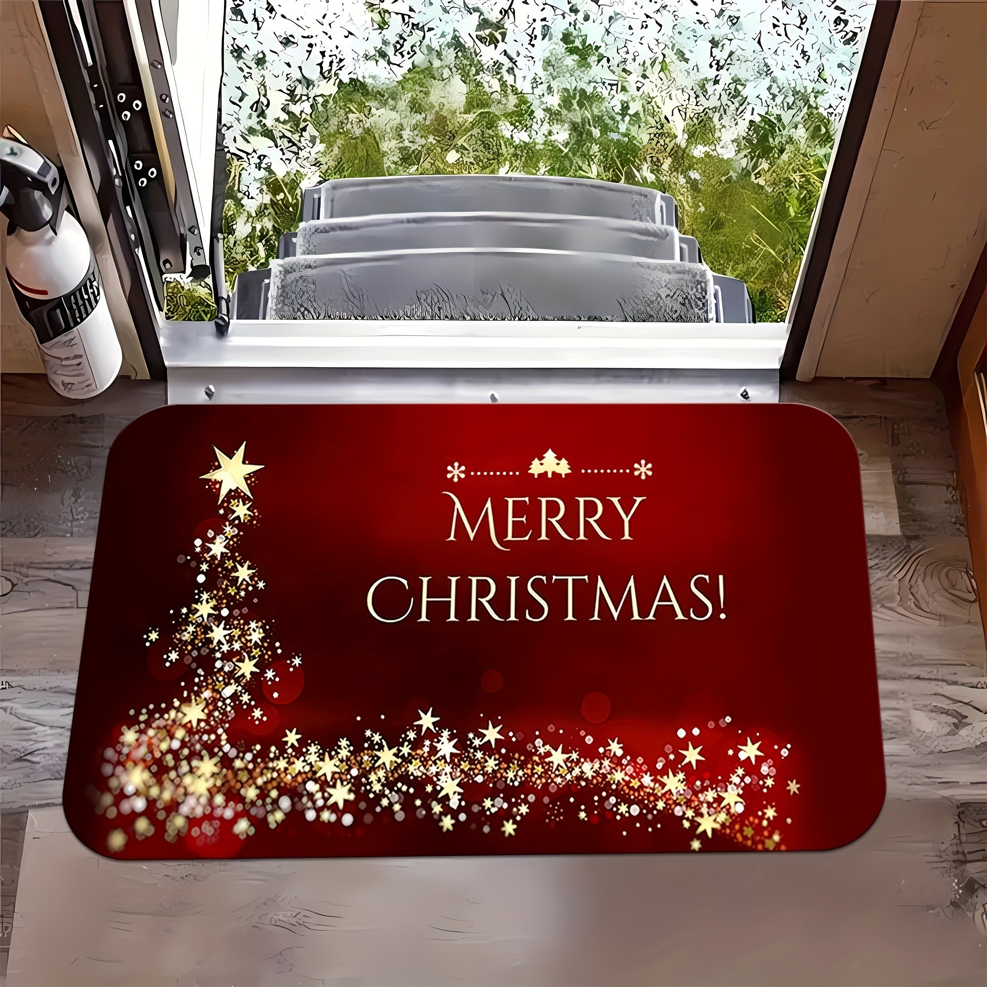 Christmas Welcome Doormat Sparkling Stars Pattern Anti-Slip Stain-Resistant Polyester
