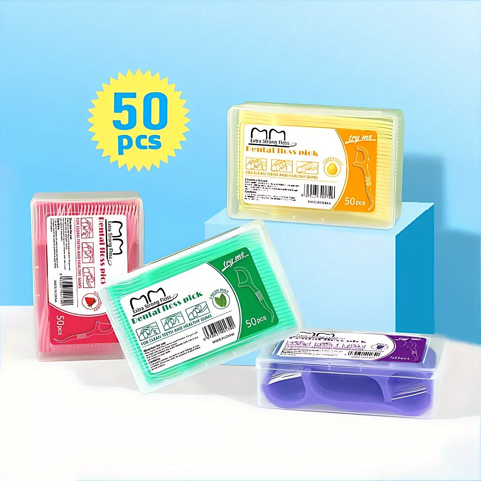 50-Pack Peppermint Flavored Dental Floss Sticks with Toothpicks, Portable Case