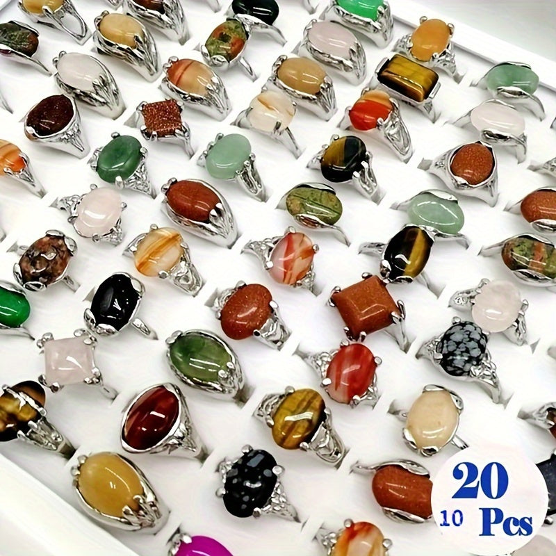 Set of 10/20 Vintage Natural Stone Rings for Women, Elegant Zinc Alloy Jewelry for Daily Wear and Gifts