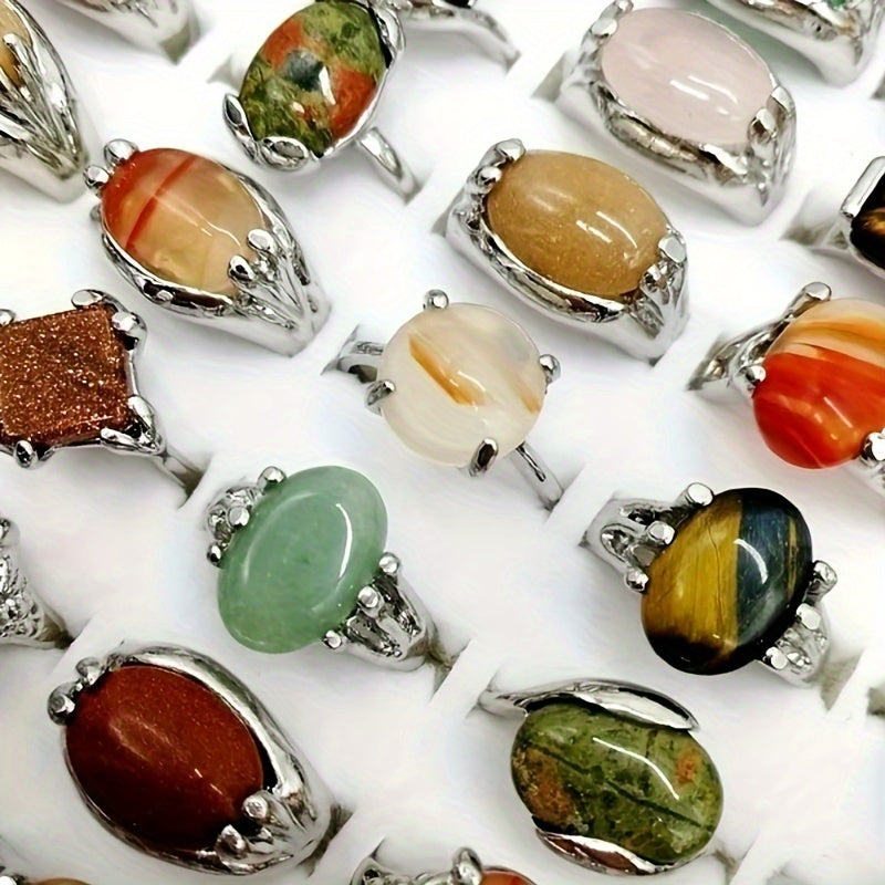 Set of 10/20 Vintage Natural Stone Rings for Women, Elegant Zinc Alloy Jewelry for Daily Wear and Gifts