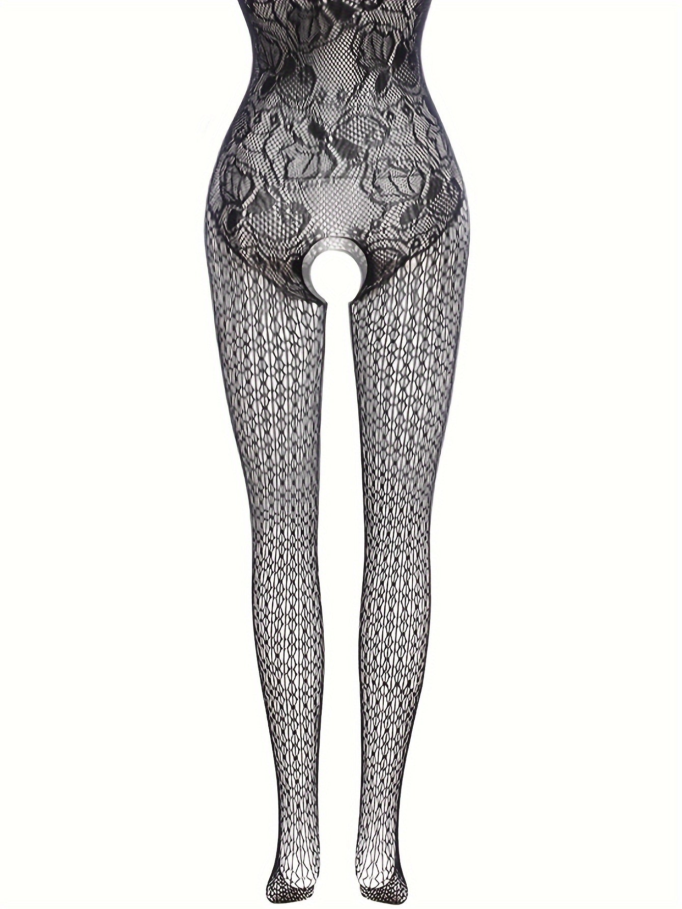 Ayollar uchun jozibali dantel bodysuit, yelkasiz dizayni, ochiq qorin, shaffof baliq to'rdan tayyorlangan material va bo'sh joy detali bilan ajralib turadi.