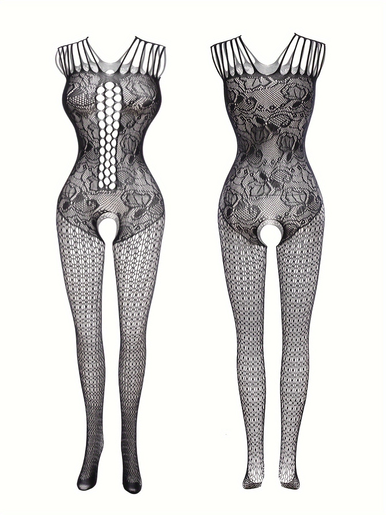 Ayollar uchun jozibali dantel bodysuit, yelkasiz dizayni, ochiq qorin, shaffof baliq to'rdan tayyorlangan material va bo'sh joy detali bilan ajralib turadi.