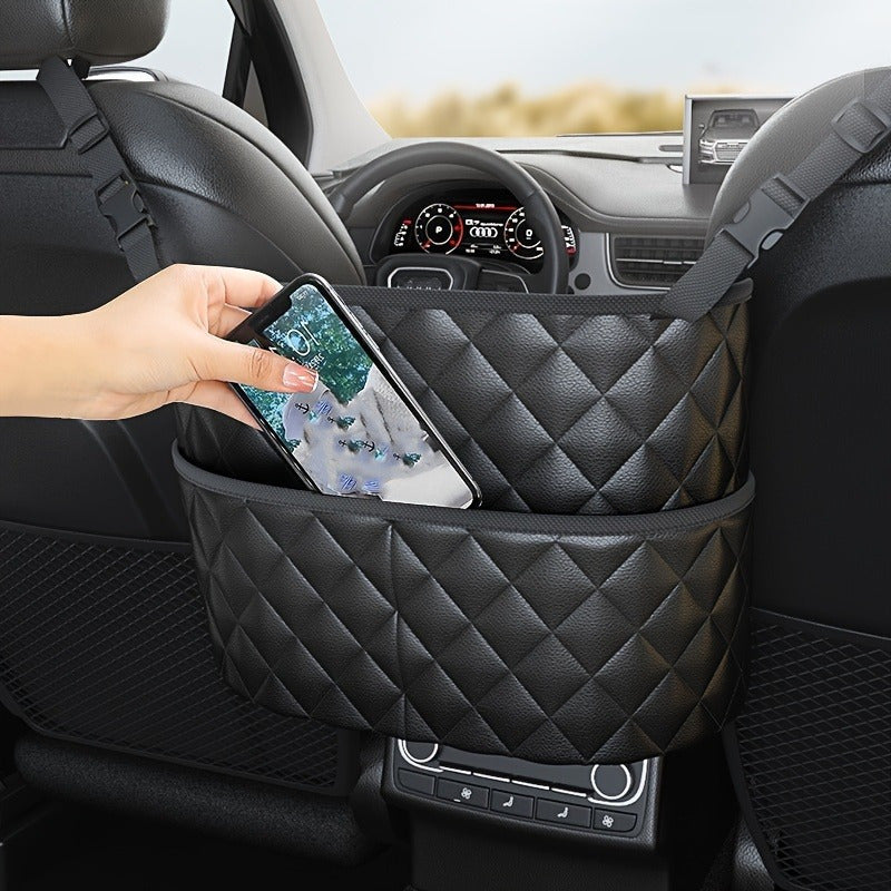 Faux Leather Car Seat Organizer with Large Capacity Mesh Storage Bag