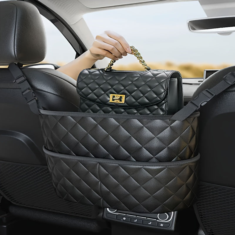 Faux Leather Car Seat Organizer with Large Capacity Mesh Storage Bag