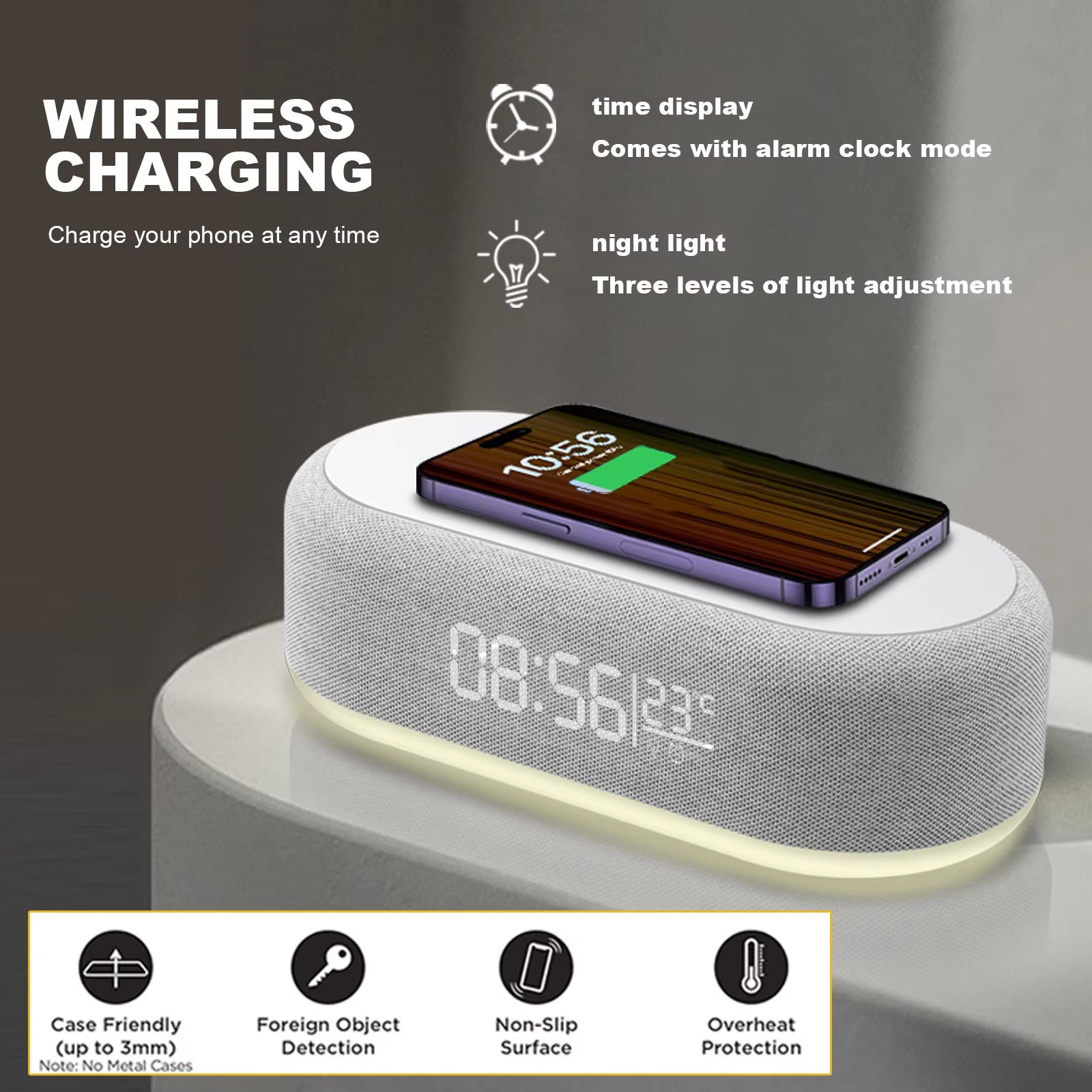 Wireless Charging Dock for iPhone 15 and 14 with Alarm Clock Night Light and Thermometer