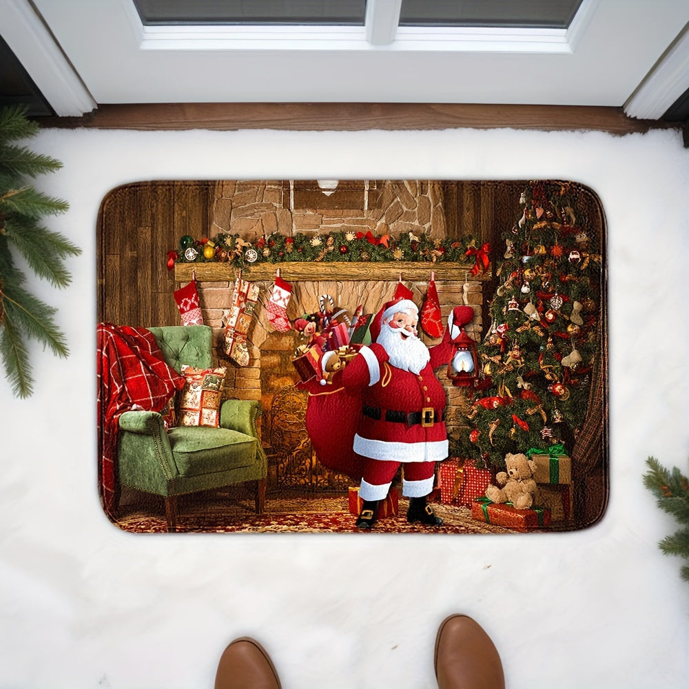 Festive Santa Claus Doormat Absorbent Non-Slip Polyester Crystal Velvet