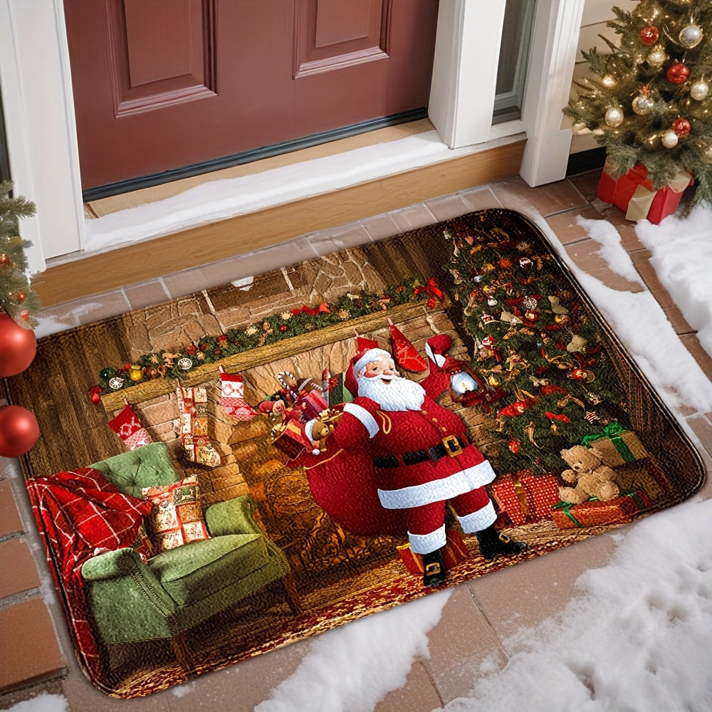 Festive Santa Claus Doormat Absorbent Non-Slip Polyester Crystal Velvet