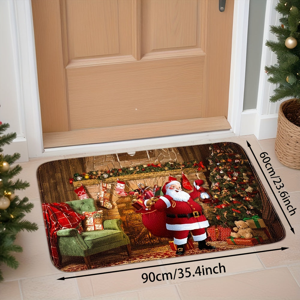 Festive Santa Claus Doormat Absorbent Non-Slip Polyester Crystal Velvet
