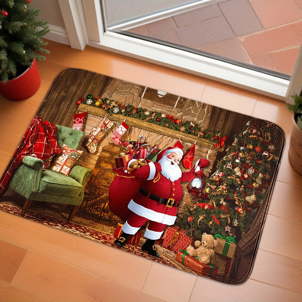 Festive Santa Claus Doormat Absorbent Non-Slip Polyester Crystal Velvet