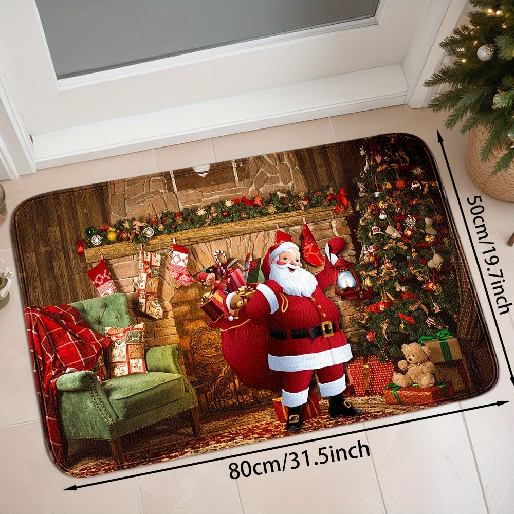 Festive Santa Claus Doormat Absorbent Non-Slip Polyester Crystal Velvet