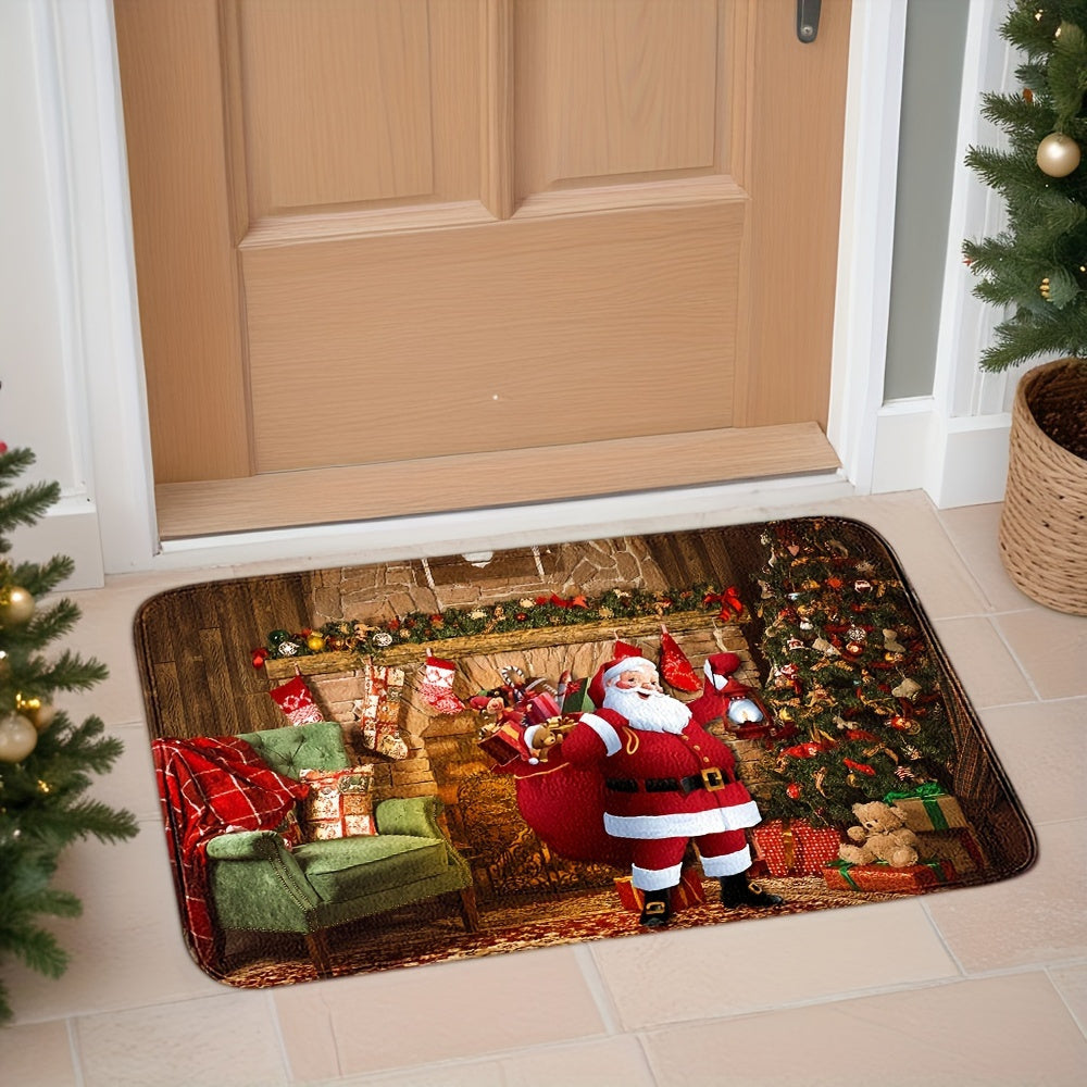 Festive Santa Claus Doormat Absorbent Non-Slip Polyester Crystal Velvet