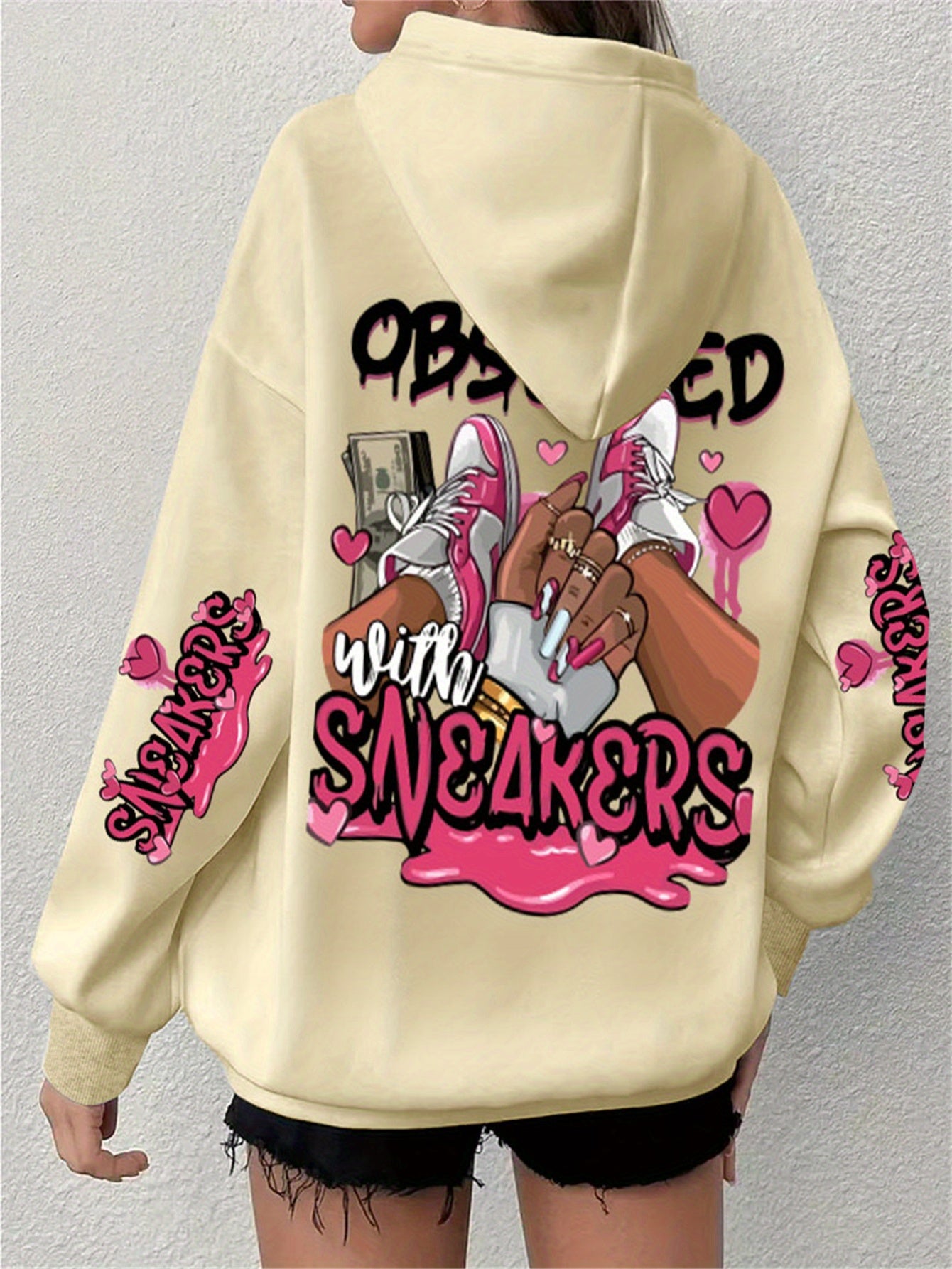 Plus Size Hooded Hoodie with Long Sleeves Letter Print Polyester Knit Casual Pullover