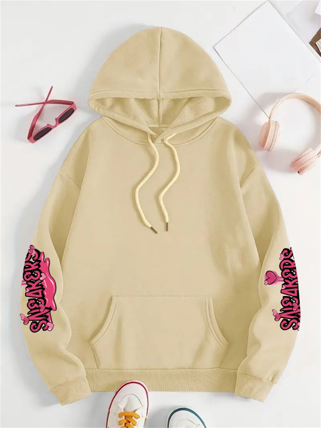 Plus Size Hooded Hoodie with Long Sleeves Letter Print Polyester Knit Casual Pullover