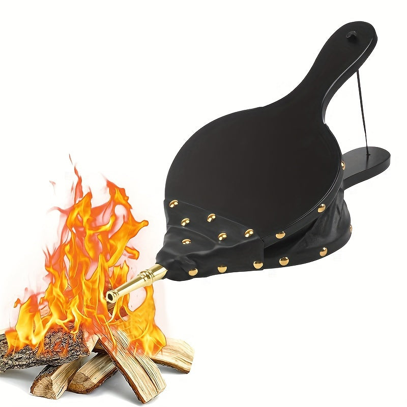 Handheld Fireplace Bellows with Golden Nozzle, Durable Wood-Burning Blower, Indoor Outdoor Heating Tool