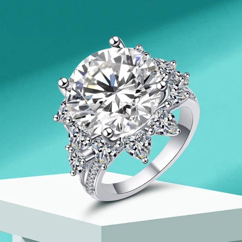 Silver Sunflower Moissanite Engagement Ring 10ct Round Brilliant Jewelry for Women