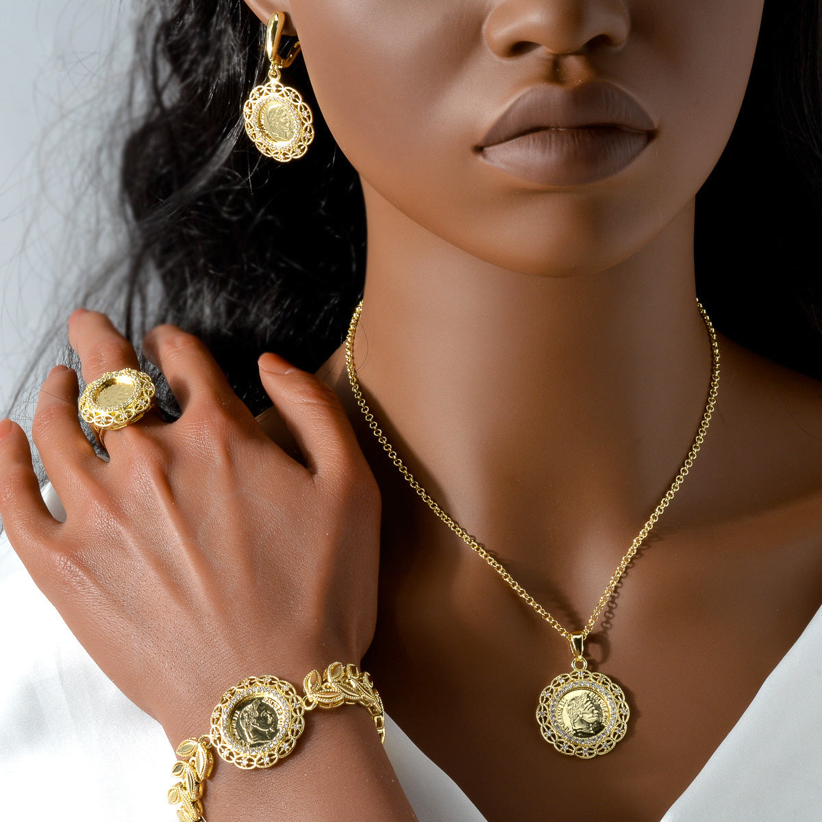 Vintage Copper Jewelry Set with Synthetic Zirconia for Women Includes Necklace Bracelet Ring Earrings